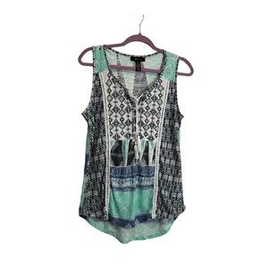 Style & Co Teal White Tassels Henley Mixed Print Patchwork Sleeveless Boho Top M